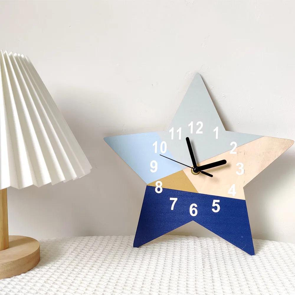 Ins 북유럽 크리에이티브 홈 블루 기하학적 디자인, 5 각 별 음소거 시계, 어린이 벽시계